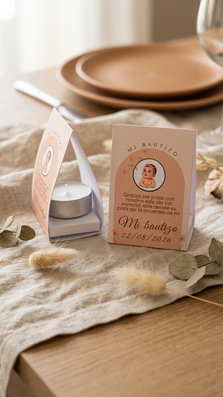Recordatorio de Bautizo con Retrato Personalizado – Pack 12 unidades - Vela recordatorio fiesta nacimiento del bebé