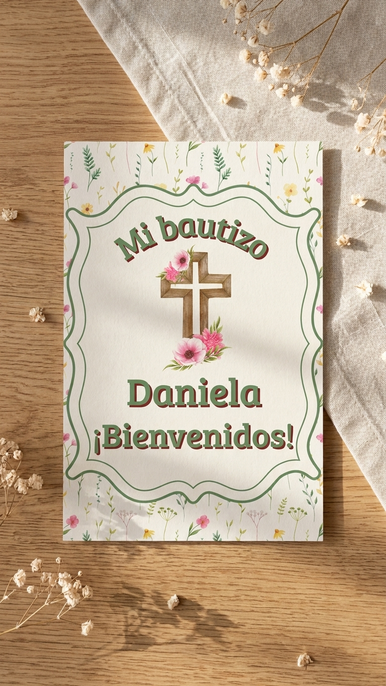 Cartel Bienvenida Bautizo Personalizable A3 – Papel Couche Mate 350 g – Diseño Floral con Cruz Rosa