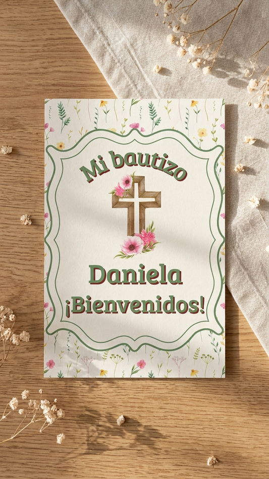 Cartel Bienvenida Bautizo Personalizable A3 – Papel Couche Mate 350 g – Diseño Floral con Cruz Rosa