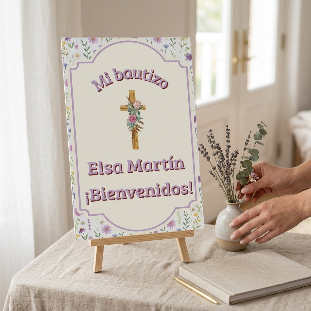 Cartel Bienvenida Bautizo Personalizable A3 – Papel Couche Mate 350 g – Diseño Floral con Cruz