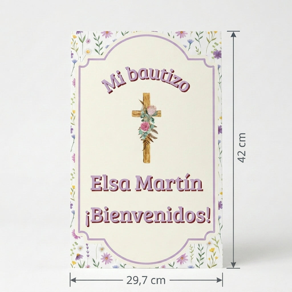 Cartel Bienvenida Bautizo Personalizable A3 – Papel Couche Mate 350 g – Diseño Floral con Cruz