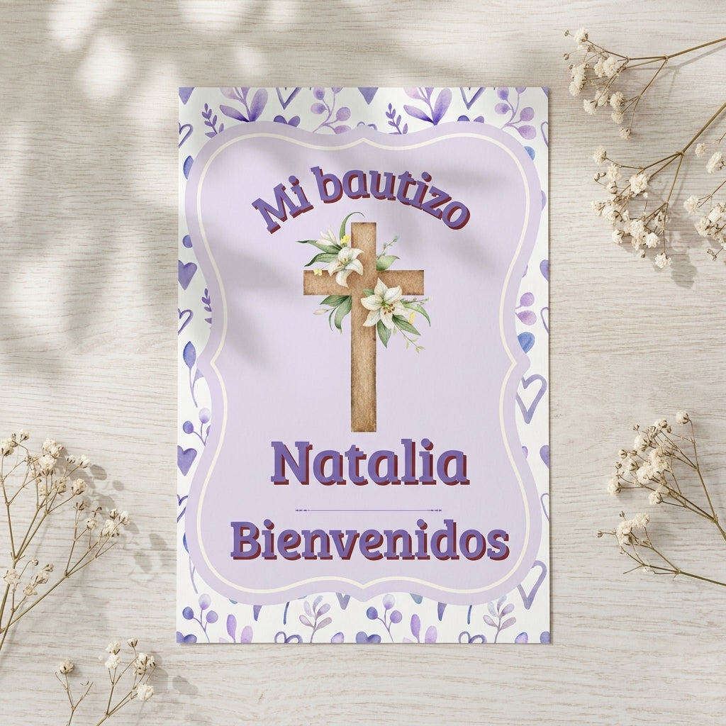 Cartel Bienvenida Bautizo Personalizable A3 – Papel Couche Mate 350 g – Diseño Floral con Cruz