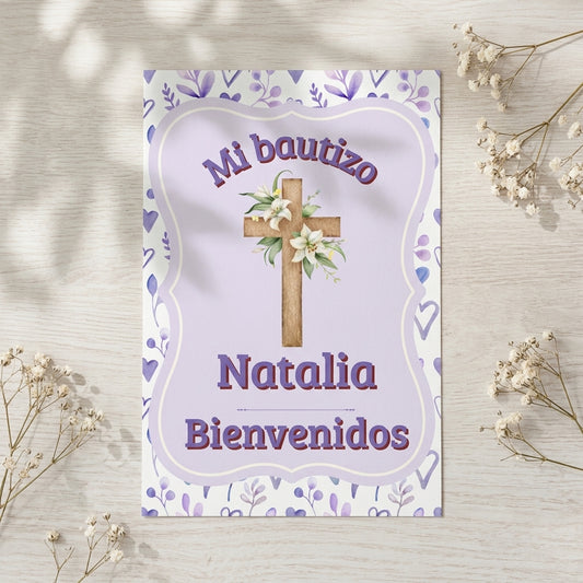 Cartel Bienvenida Bautizo Personalizable A3 – Papel Couche Mate 350 g – Diseño Floral con Cruz