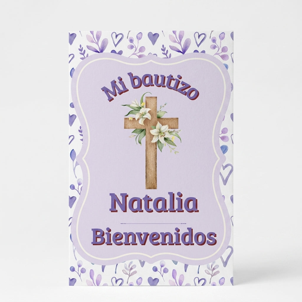 Cartel Bienvenida Bautizo Personalizable A3 – Papel Couche Mate 350 g – Diseño Floral con Cruz