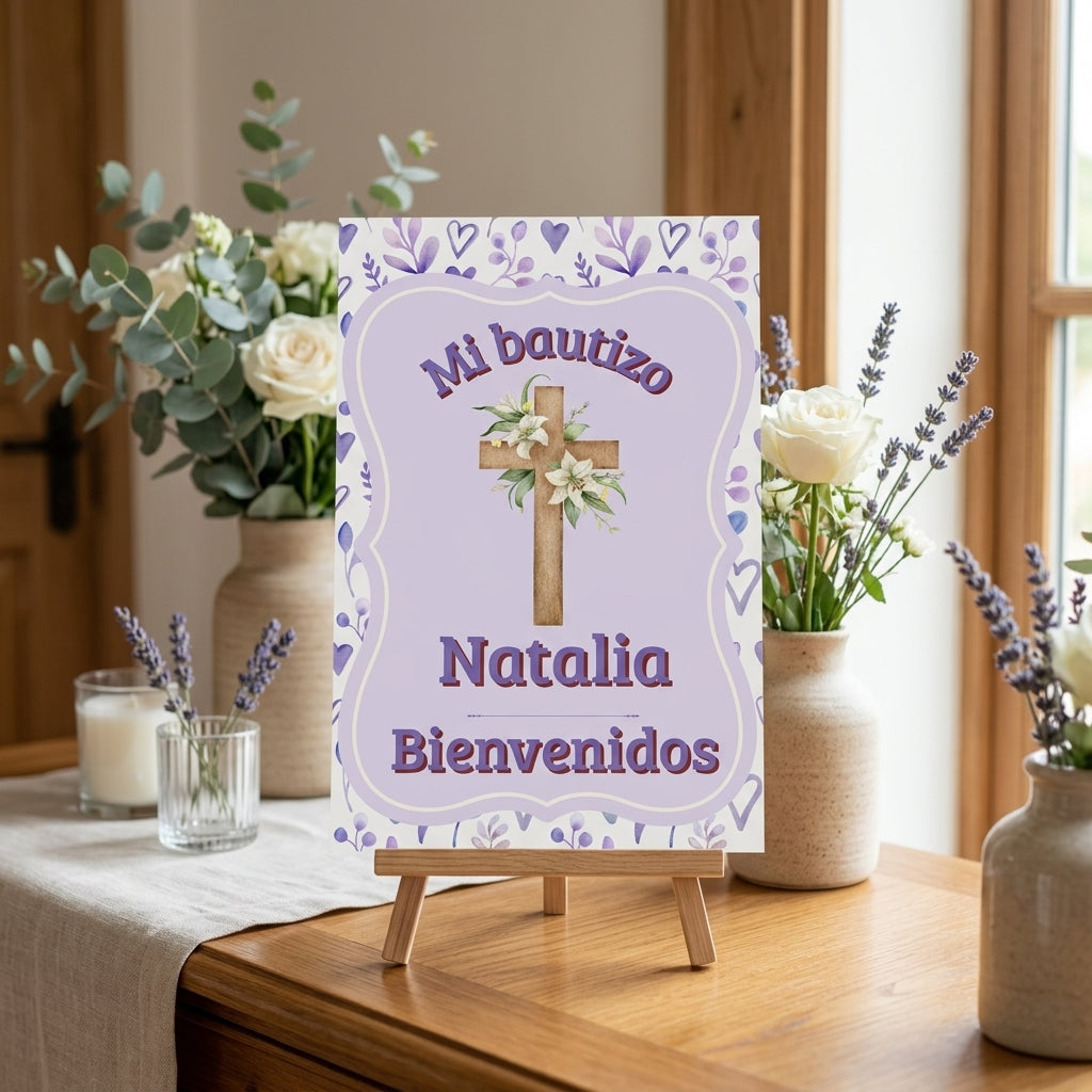 Cartel Bienvenida Bautizo Personalizable A3 – Papel Couche Mate 350 g – Diseño Floral con Cruz