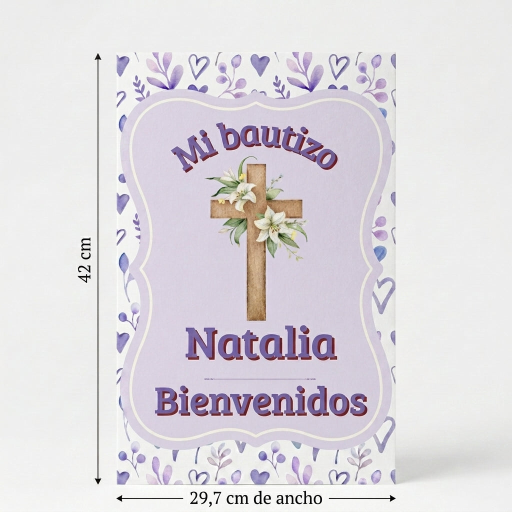 Cartel Bienvenida Bautizo Personalizable A3 – Papel Couche Mate 350 g – Diseño Floral con Cruz