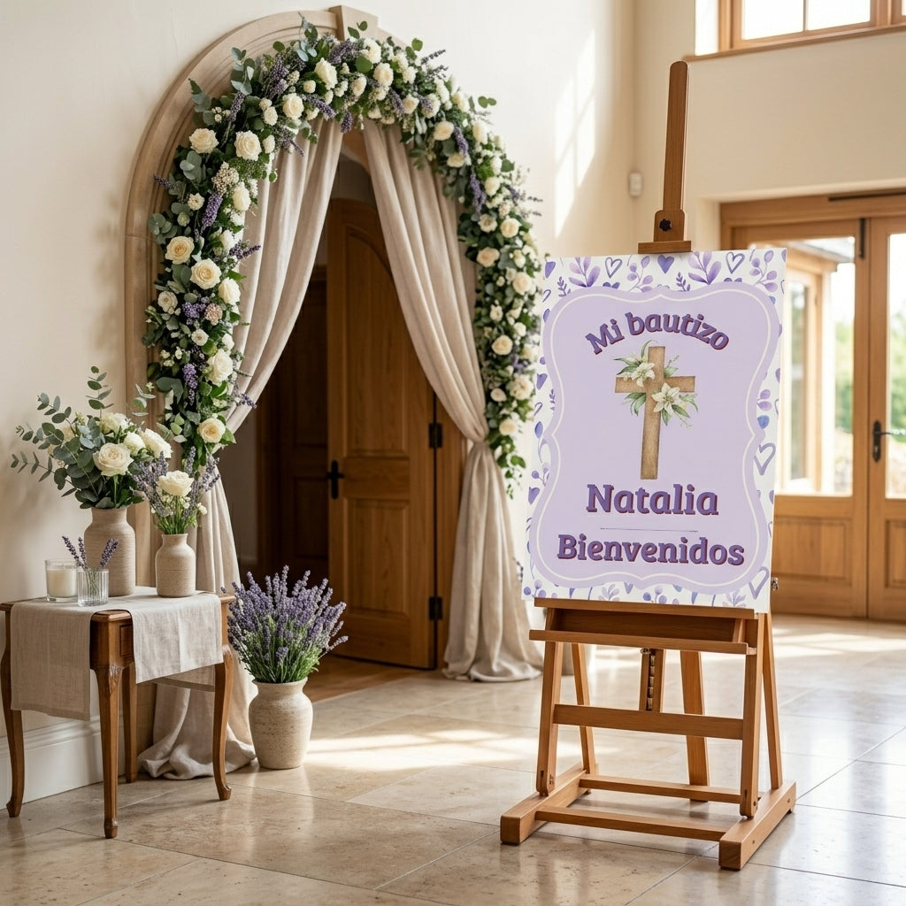 Cartel Bienvenida Bautizo Personalizable A3 – Papel Couche Mate 350 g – Diseño Floral con Cruz