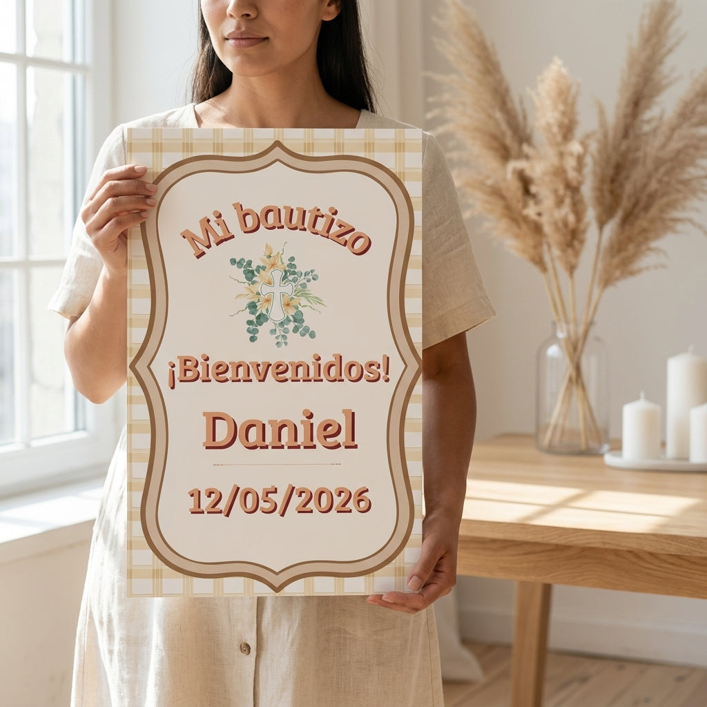 Cartel Bienvenida Bautizo Personalizable A3 – Papel Couche Mate 350 g – Diseño Premium
