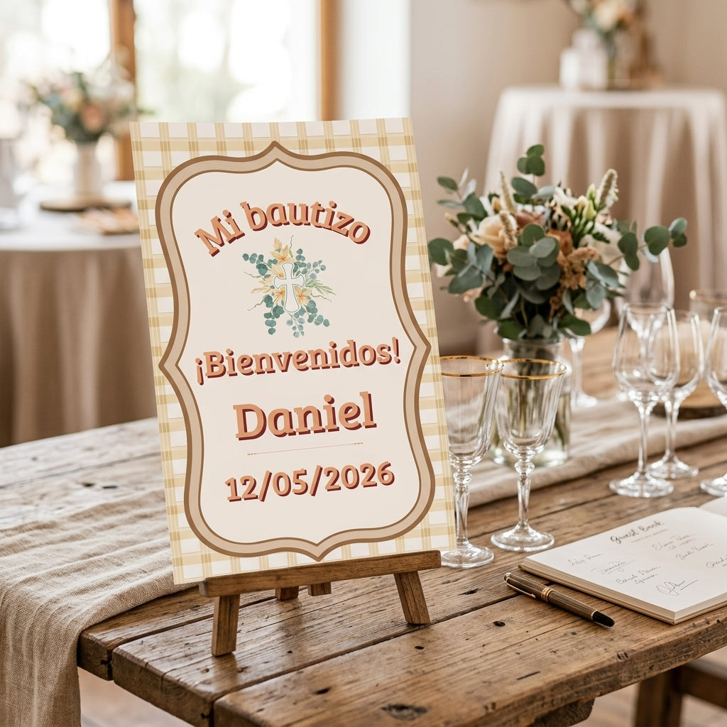 Cartel Bienvenida Bautizo Personalizable A3 – Papel Couche Mate 350 g – Diseño Premium