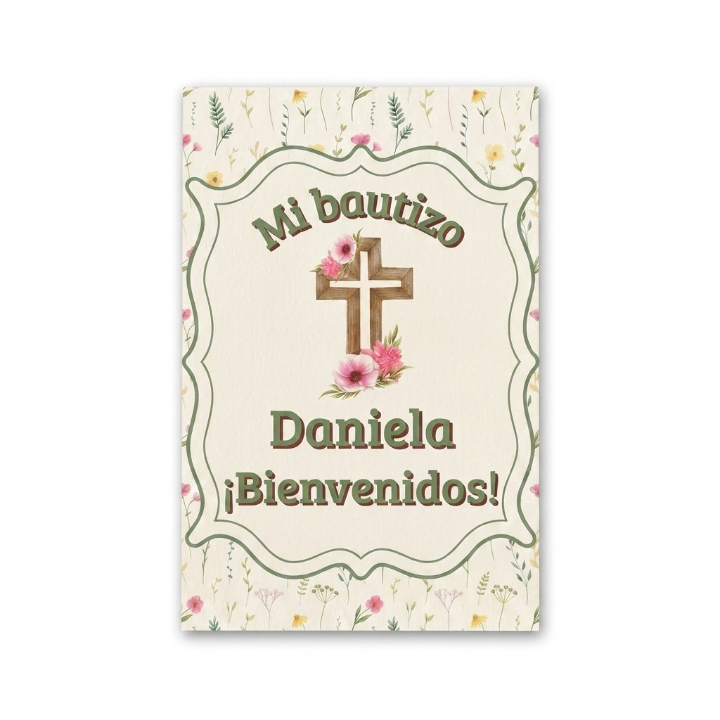 Cartel Bienvenida Bautizo Personalizable A3 – Papel Couche Mate 350 g – Diseño Floral con Cruz Rosa