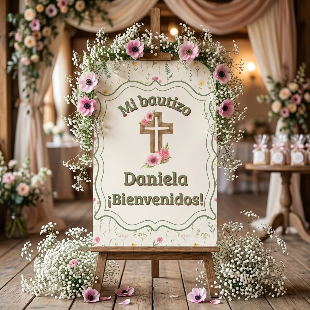 Cartel Bienvenida Bautizo Personalizable A3 – Papel Couche Mate 350 g – Diseño Floral con Cruz Rosa