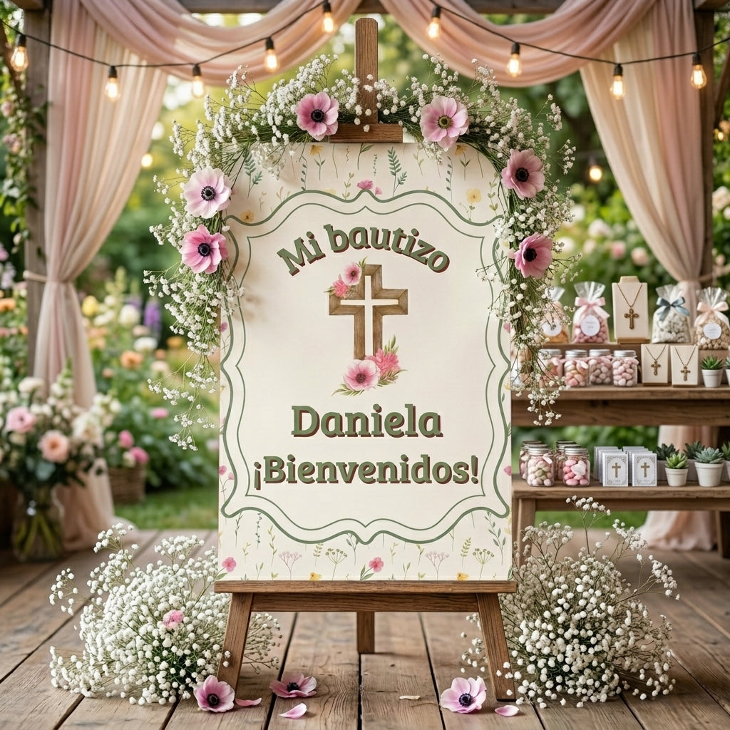 Cartel Bienvenida Bautizo Personalizable A3 – Papel Couche Mate 350 g – Diseño Floral con Cruz Rosa