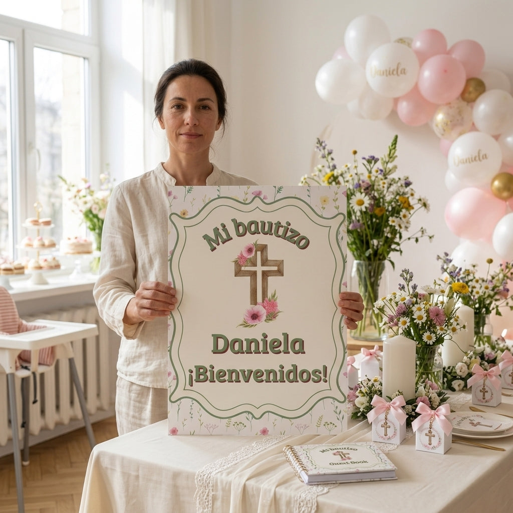 Cartel Bienvenida Bautizo Personalizable A3 – Papel Couche Mate 350 g – Diseño Floral con Cruz Rosa