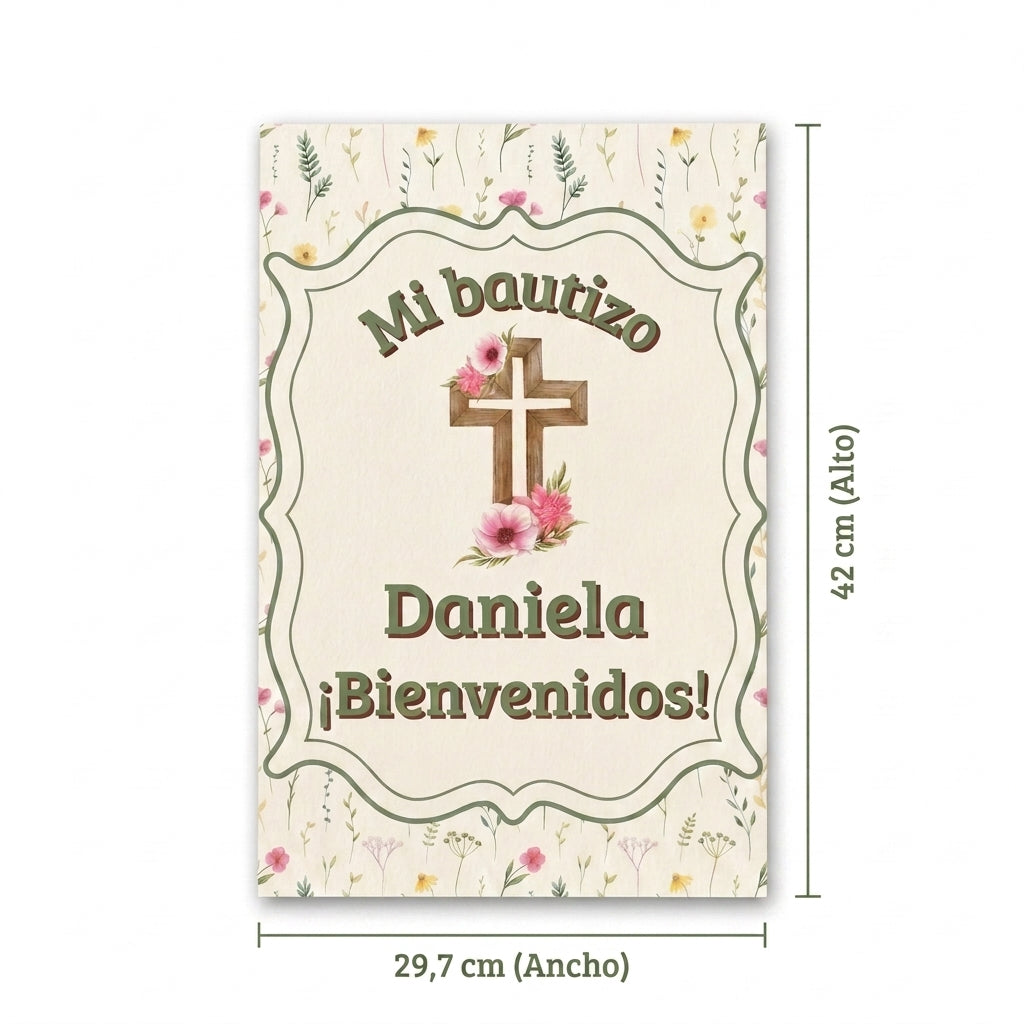 Cartel Bienvenida Bautizo Personalizable A3 – Papel Couche Mate 350 g – Diseño Floral con Cruz Rosa
