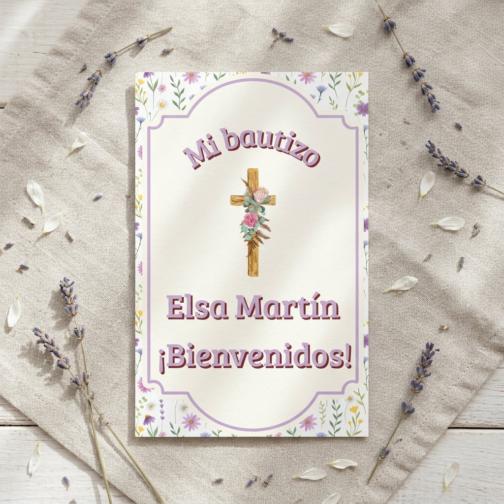 Cartel Bienvenida Bautizo Personalizable A3 – Papel Couche Mate 350 g – Diseño Floral con Cruz