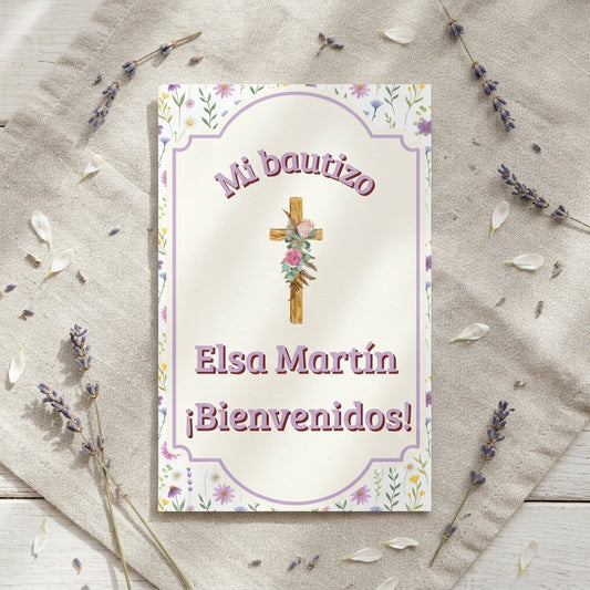 Cartel Bienvenida Bautizo Personalizable A3 – Papel Couche Mate 350 g – Diseño Floral con Cruz