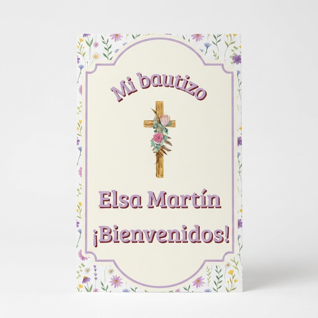 Cartel Bienvenida Bautizo Personalizable A3 – Papel Couche Mate 350 g – Diseño Floral con Cruz