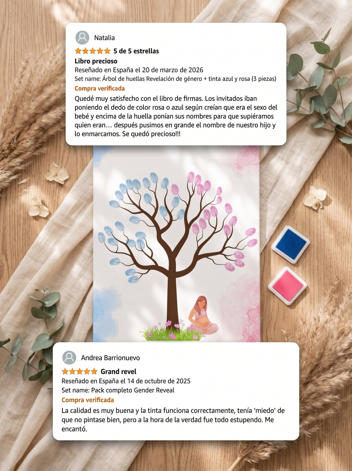 Árbol de huellas revelación de género - Tinta azul y rosa - Actividad gender reveal