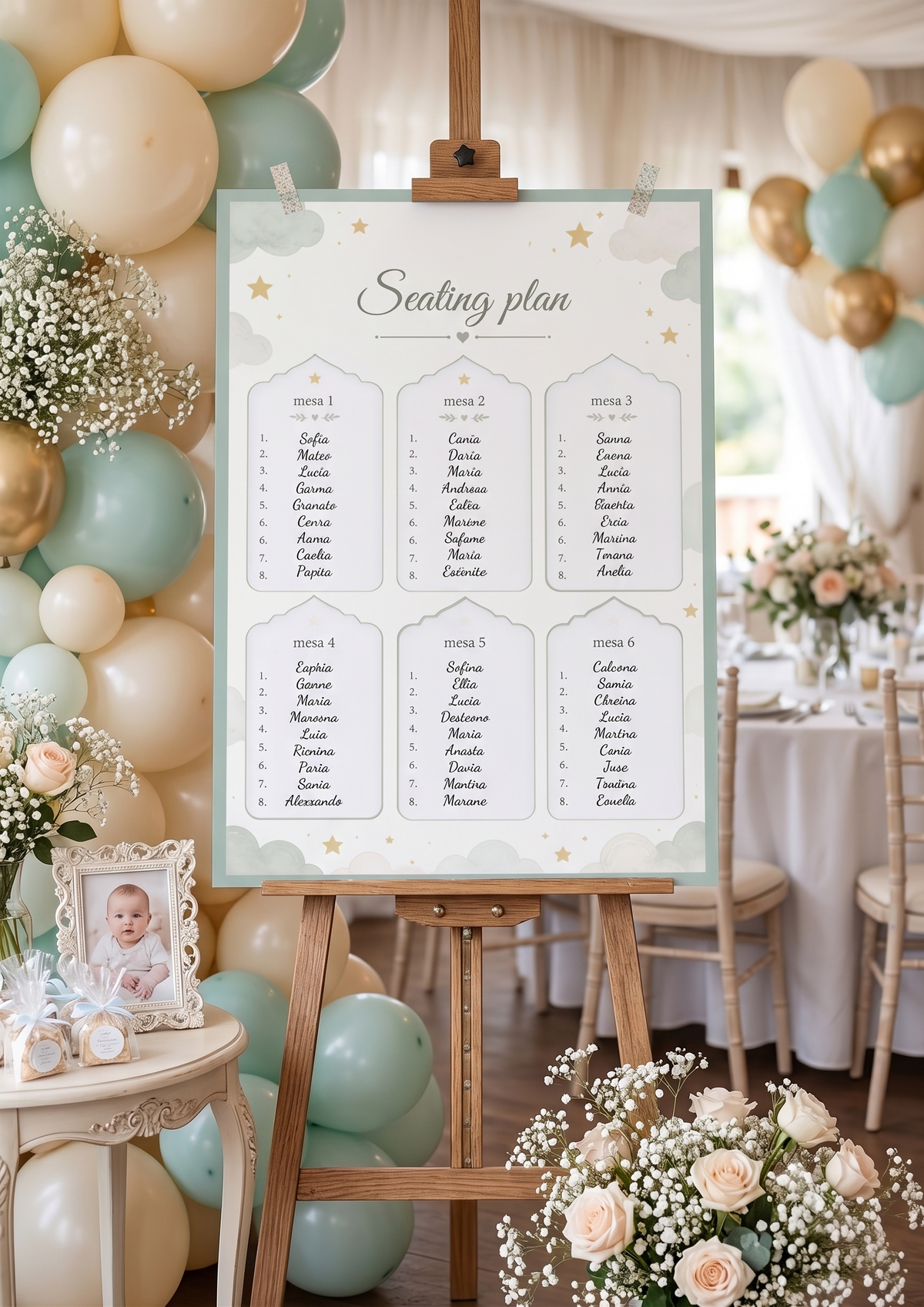 Seating Plan + Tarjetas de Seating Place · Cartel A3 Personalizado + Packs de 25 o 50 Tarjetas · Bautizo / Comunión / Eventos