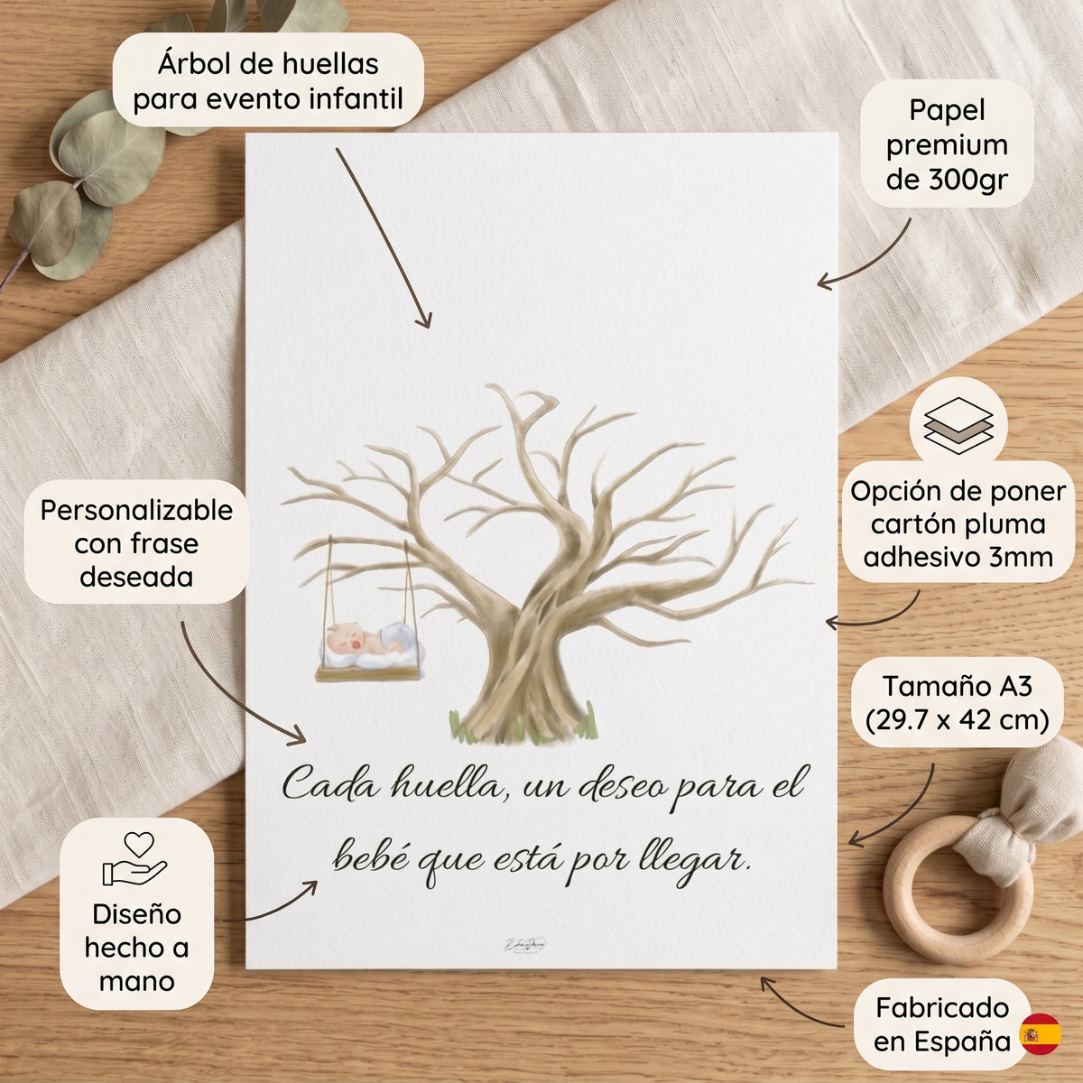 árbol de huellas personalizable baby | Lámina a3 firmas | Alternativa al libro de firmas | Papelería de evento personalizada