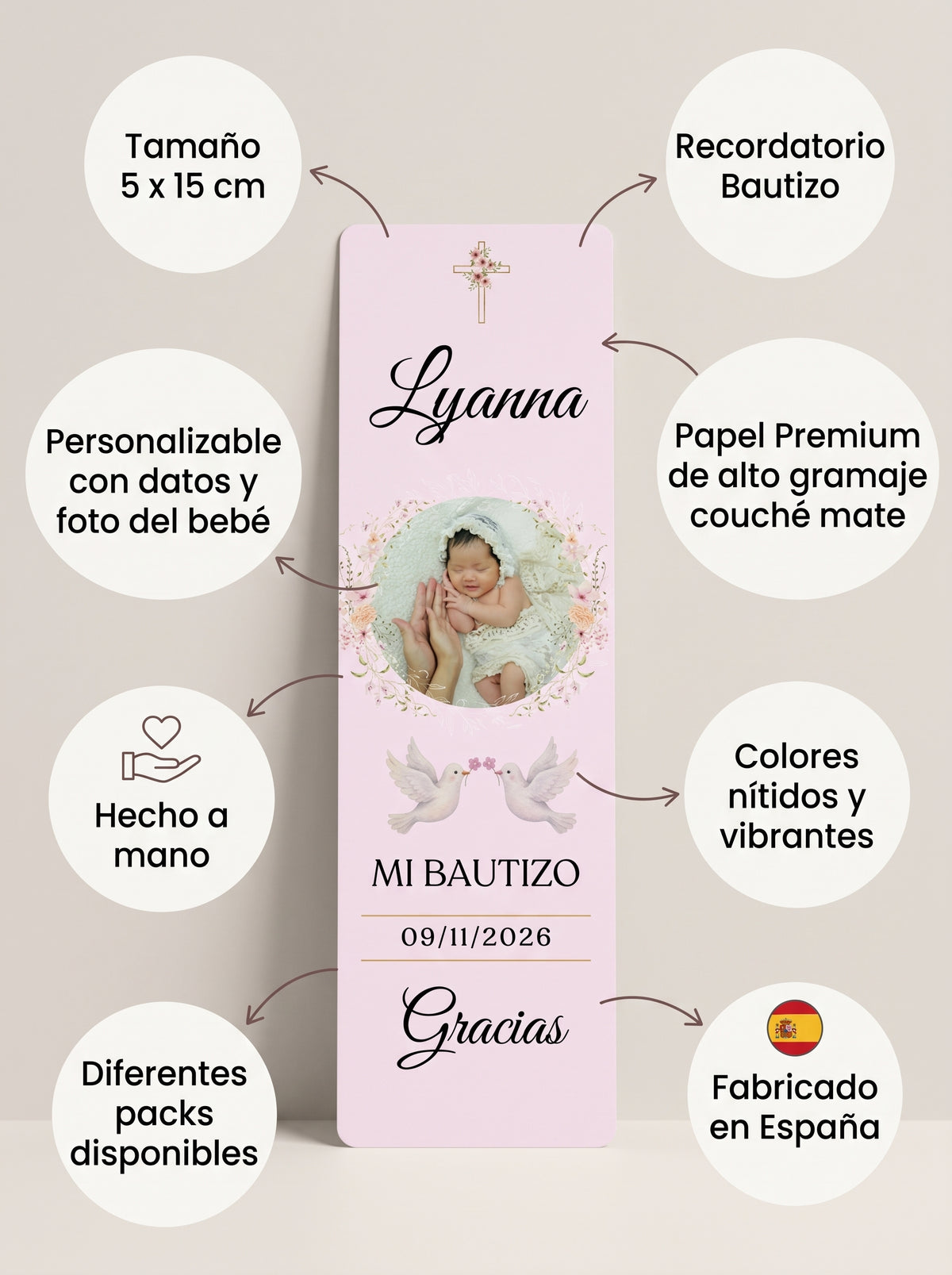 Marcapáginas Bautizo Personalizados con Foto – Diseño Floral Rosa – Packs 12 / 24 / 36 / 48 – Recuerdo para Invitados