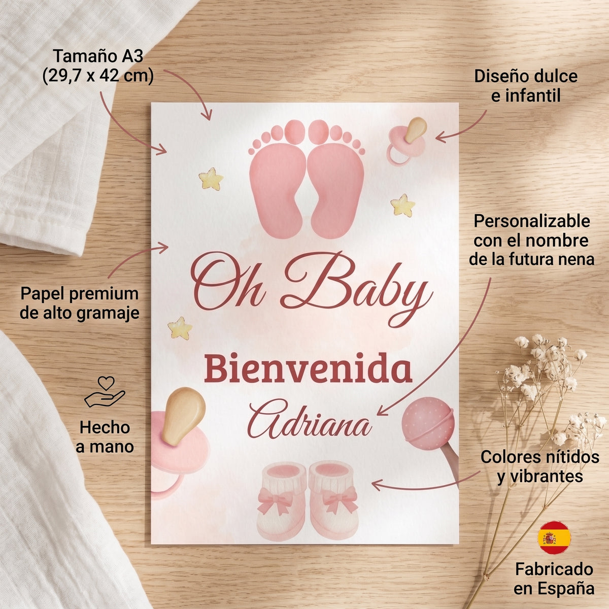 Cartel Baby Shower A3 - "Oh Baby Bienvenida" | Lámina A3 con opción cartón pluma
