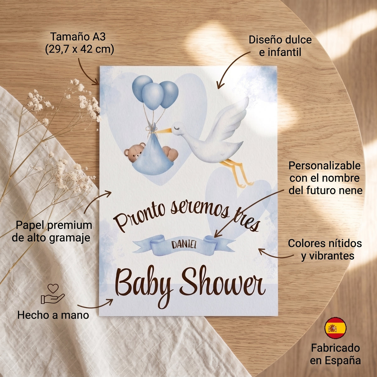Lámina A3 Baby Shower niño | Cartel decoración fiesta del bebé | Lámina Bienvenida nacimiento