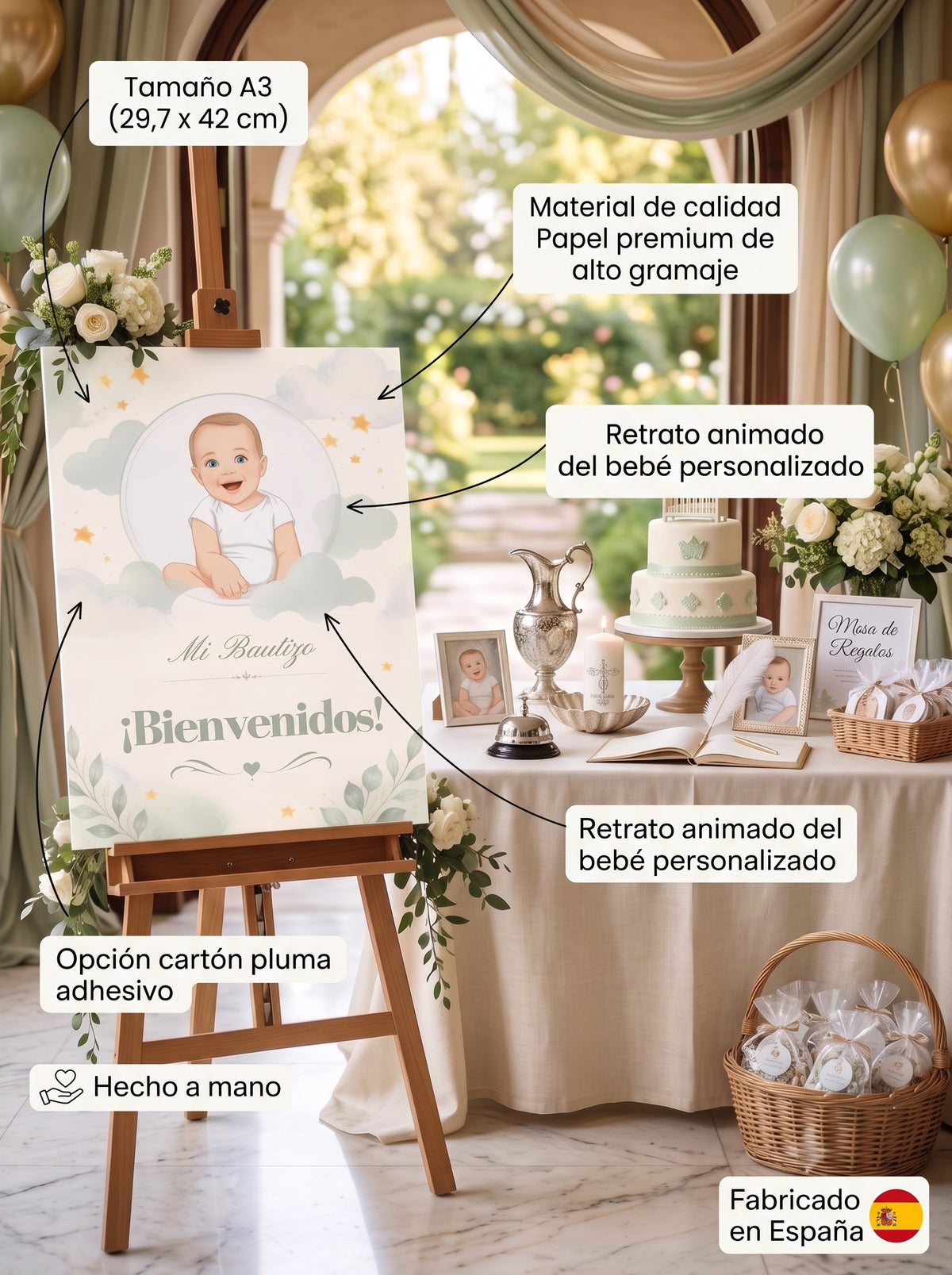 Cartel de Bienvenida bautizo retrato | Lámina A3 nacimiento del bebé | Póster entrada fiesta bautismo | Cartel personalizable retrato del bebé