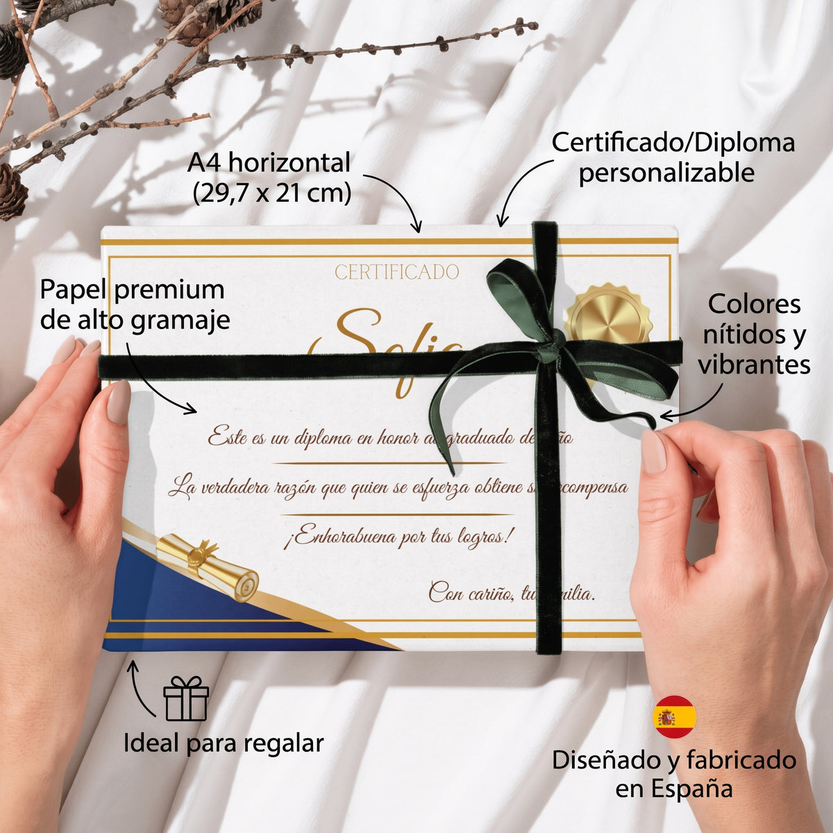 Diploma Personalizado A4 Horizontal — Nombre + Curso + Mensaje | Graduación