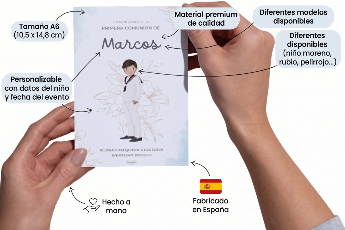 Invitaciones de Primera Comunión niño – Pack de 16, 24 y 32 unidades | Pack invitaciones personalizables