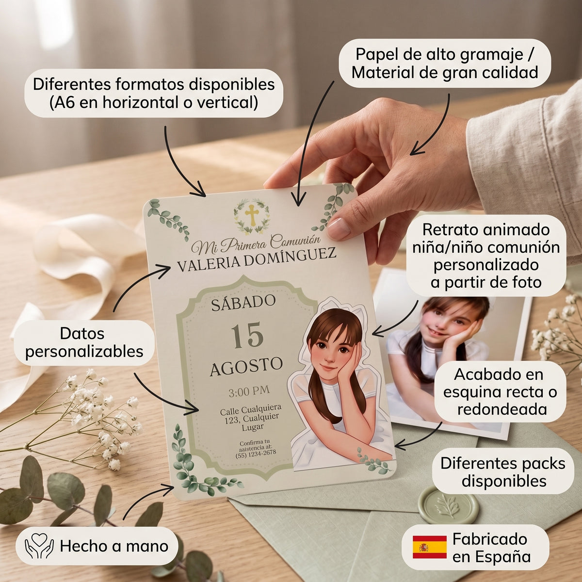 Pack de invitaciones personalizadas Primera Comunión | Invitación retrato animado niño o niña comunión | Diferentes opciones disponibles