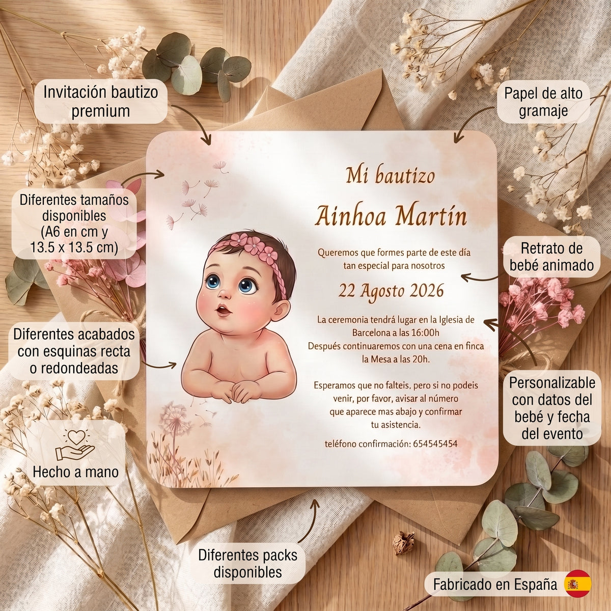 Invitación bautizo retrato animado | Invitaciones de bautismo horizontal o cuadrada | Papelería de eventos retratos personalizados