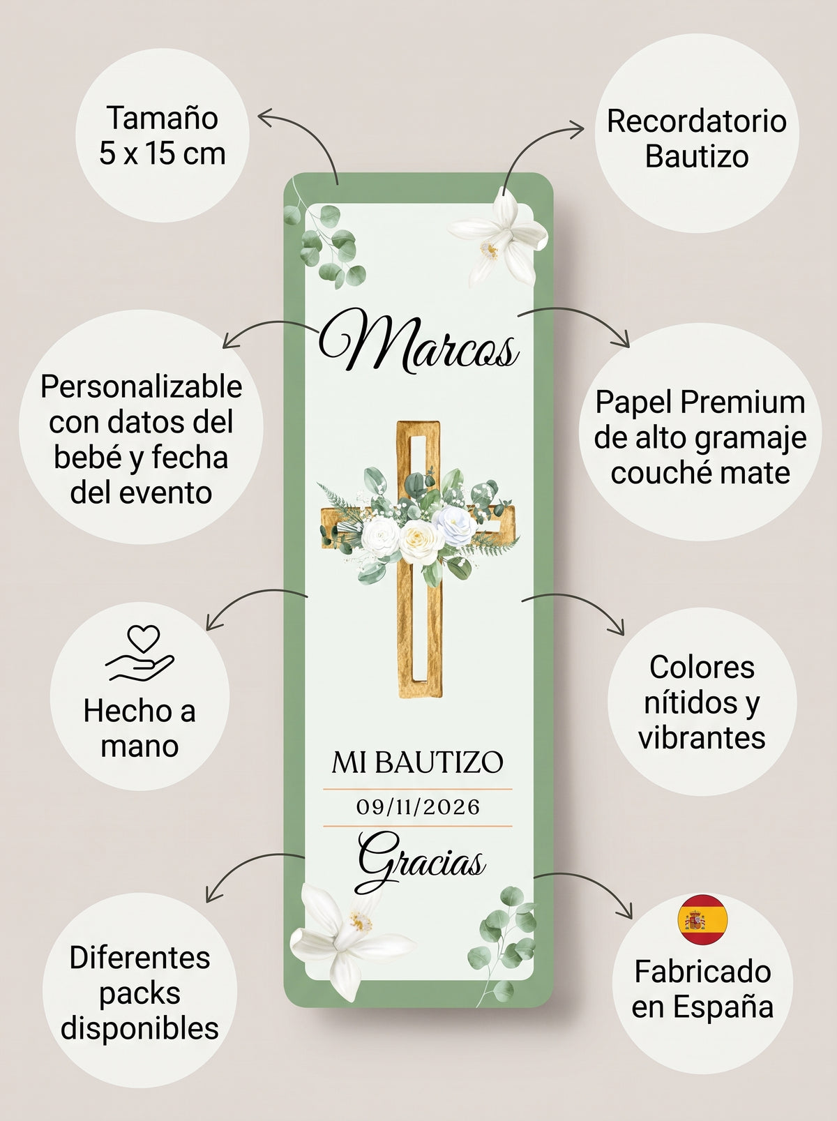 Marcapáginas Bautizo Personalizados – Diseño Cruz Dorada Floral – Packs 12 / 24 / 36 / 48 – Tarjetas Agradecimiento