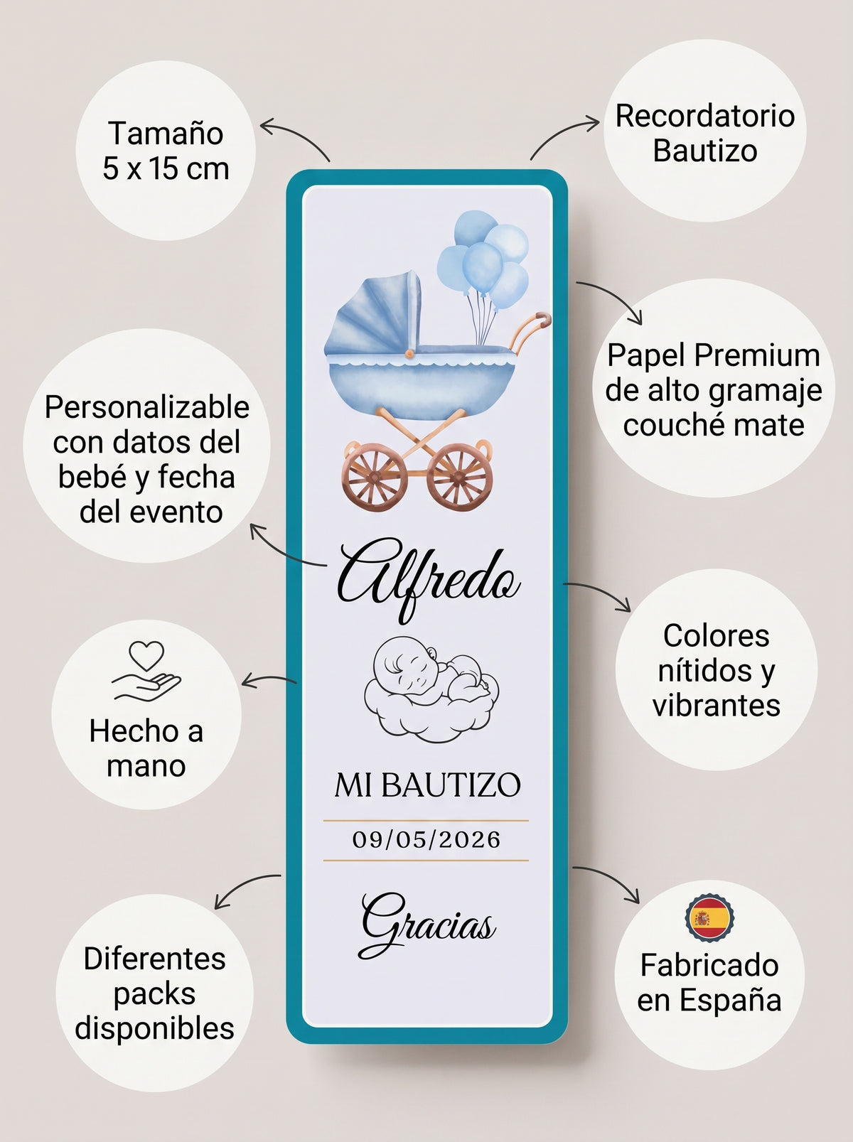 Marcapáginas Bautizo Personalizados – Diseño Carrito Azul – Packs 12 / 24 / 36 / 48 – Recuerdo para Invitados