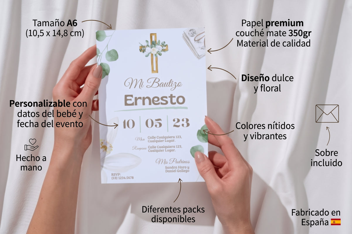 Invitaciones de Bautizo Personalizadas – Diseño Cruz Dorada – Con Sobres y Cuerda de Yute – Packs 16 / 24 / 32