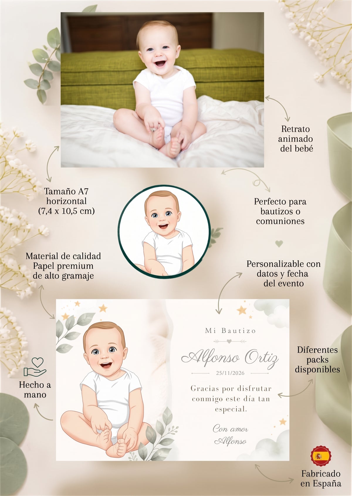 Recordatorios de Bautizo o Primera Comunión · Tamaño A7 · Pack 16 / 32 · Personalizados con Retrato Animado